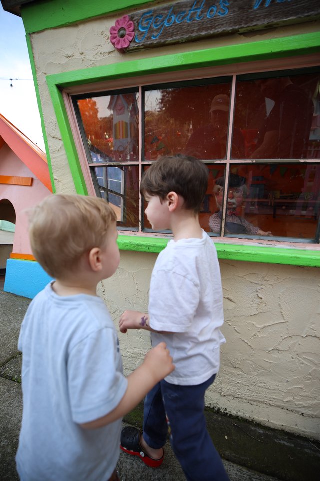 Two Brothers Peering into Colorful Playhouse Window