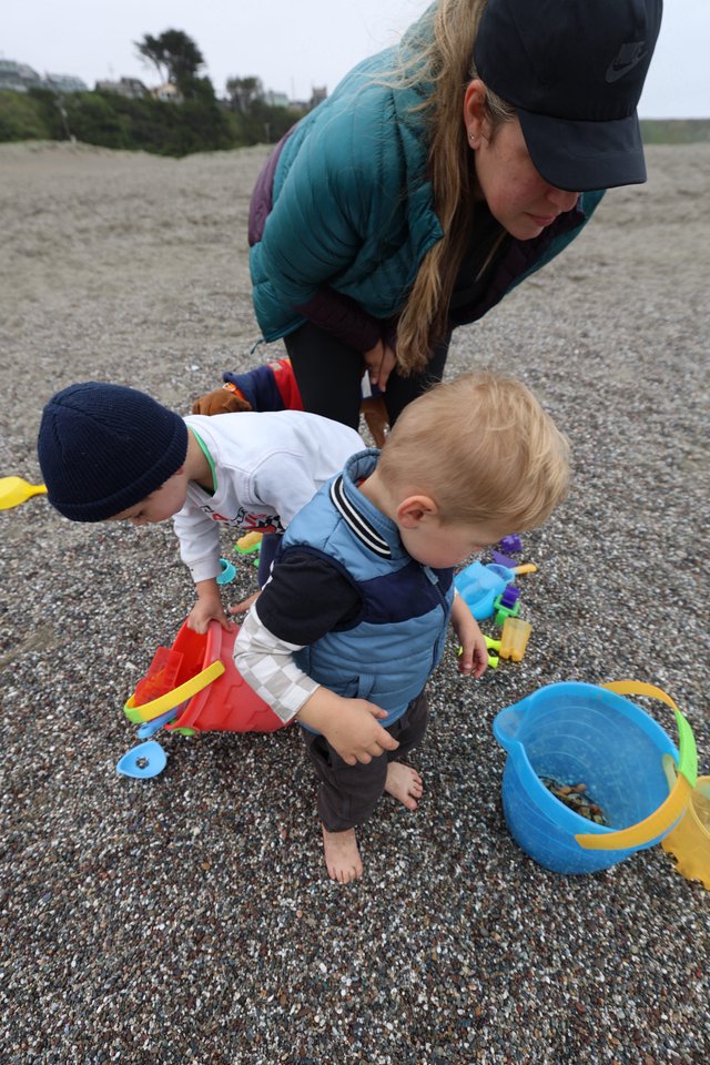 Toddlers Exploring Pebble Beach with Mom