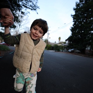 Young Child Walking Hand-in-Hand on Suburban Street