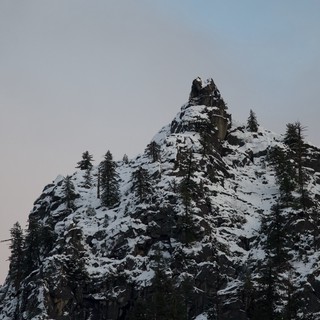 Snow-Dusted Rocky Pinnacle Among Evergreen Trees at Dusk
