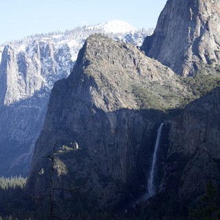 Bridalveil Fall and Snow-Capped Peaks in Yosemite Valley