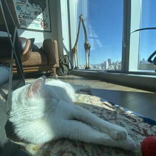 A White Cat Sunning in a San Francisco Living Room