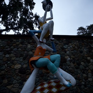 Colorful Acrobatic Sculpture Stack at Twilight