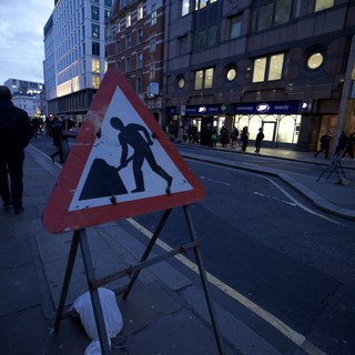 Urban Construction Warning Sign at Twilight in London