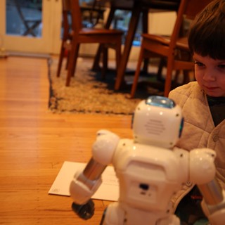Child Observing White Humanoid Robot in Home