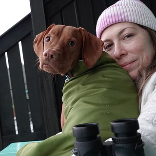 Woman and Dog Bundled for Cold Weather Outdoors