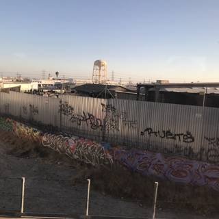 Graffiti on the Berlin Wall Memorial fence with a water tower in the background