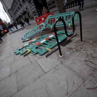 Toppled Safety Barriers and Bike Rack on London Street