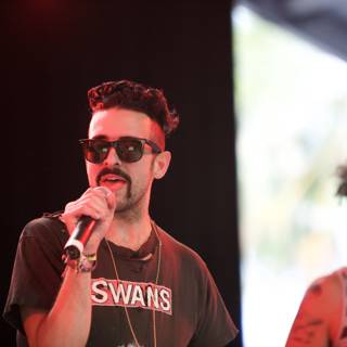 Entertainer on Stage with Mic and Sunglasses