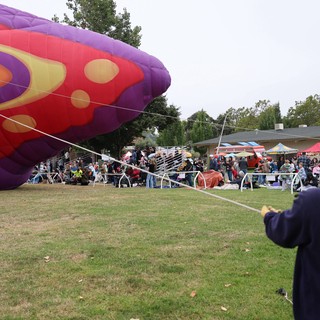 Ground Crew Tethers Colorful Hot Air Balloon at Festival