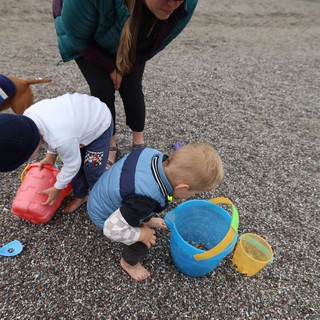 Toddlers Exploring Pebbles on a Misty Beach