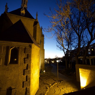 Historic Stone Chapel Illuminated at Blue Hour in Santa Fe
