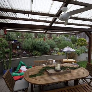 Covered Deck Garden Retreat with Holiday Decorations