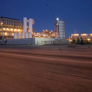 Illuminated Power Plant Factory at Night