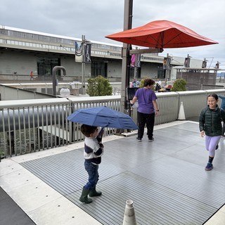 Children Playing on Rainy Day Rooftop Plaza