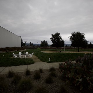 Overcast Evening at Modern Outdoor Courtyard Seating Area