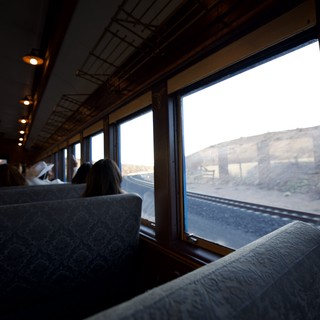 Contemplative Train Journey Through Desert Landscape