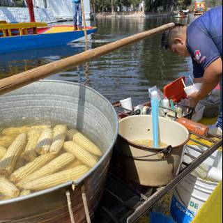 Cooking Corn on a Boat in Xochimilco