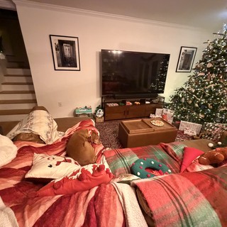 Overhead View of Festive Christmas Morning Gathering