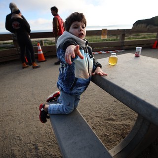 Young Child Balancing on Curved Bench at Coastal Overlook
