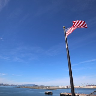 American Flag Flying Over San Francisco Bay