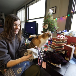 Joyful Christmas Morning with Cat and Gifts