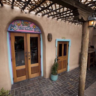 The Shed Restaurant Entrance in Santa Fe Adobe Courtyard