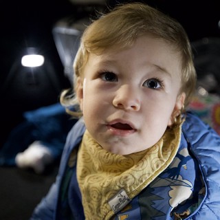 Curious Toddler in Blue Jacket Looking Up