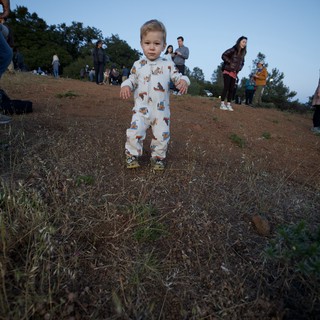 Toddler Explores Mt. Diablo at Dusk in Campsite Onesie