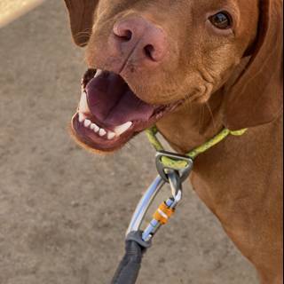Smiling Vizsla with Stylish Leash and Accessories