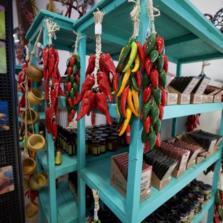 Colorful Chili Pepper Display in Turquoise Gift Shop