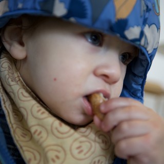 Young Child in Blue Patterned Hat Enjoying a Snack