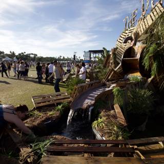 The Majestic Wooden Arbour with Waterfall and Crowds at Coachella 2009