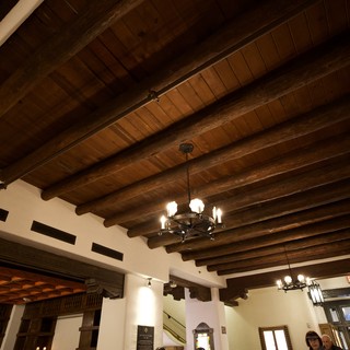 Spanish Colonial Beamed Ceiling with Wrought Iron Chandeliers
