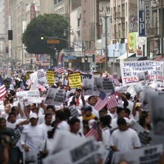 Protesters march through urban metropolis