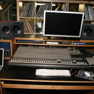 Black Desk with Electronics and Speakers