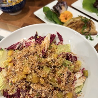 Colorful Asian Salad with Crispy Topping at Restaurant