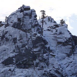 Snow-Covered Rocky Summit with Sentinel Trees