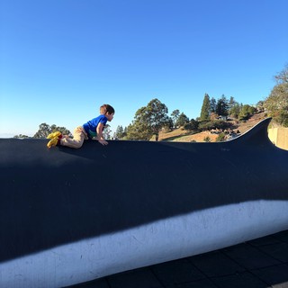 Young Boy Climbing on Curved Skate Ramp at Dusk