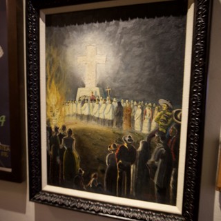 Religious Ceremony Painting with Illuminated Cross and Gathered Congregation