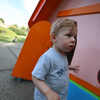 Young Boy at Colorful Playground Structure in Park
