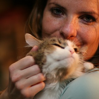 Woman Tenderly Cuddling Fluffy Kitten Close to Face