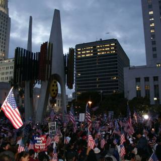 Patriotic Crowd at City Building