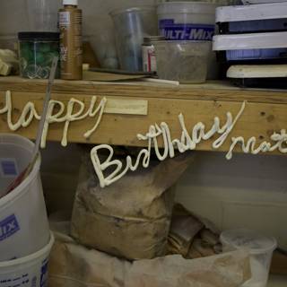 Birthday Sign and Paint Bucket on Wooden Shelf