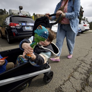 Mother Pushing Child in Wagon Through Parking Lot