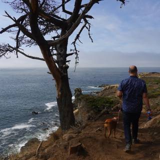 A Man and His Canine Companion at the Ocean Trail