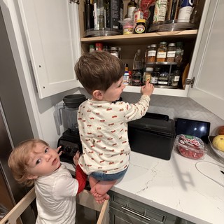 Two Young Brothers Exploring Kitchen Pantry Together