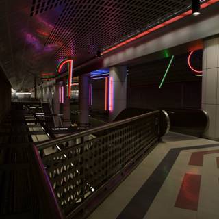 Neon-lit Corridor at Train Station