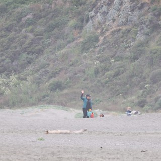 Family Waves Hello on a Misty Rocky Beach