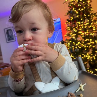 Toddler Enjoying Christmas Treats by Decorated Tree